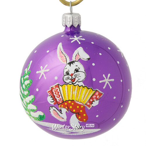 Стеклянный елочный шар Зодиак - Кролик Емеля с гармошкой 7 см сиреневый Фабрика Елочка