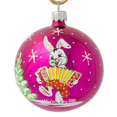 Стеклянный елочный шар Зодиак - Кролик Емеля с гармошкой 7 см вишневый Фабрика Елочка