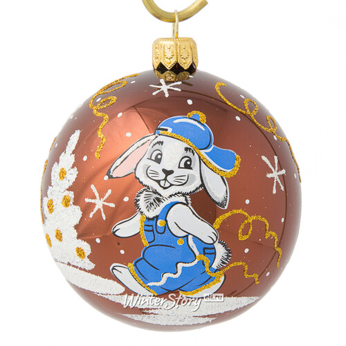 Стеклянный елочный шар Зодиак - Кролик Бенни в кепке 7 см шоколадный Фабрика Елочка