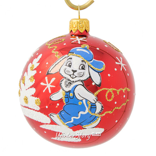 Стеклянный елочный шар Зодиак - Кролик Бенни в кепке 7 см красный Фабрика Елочка