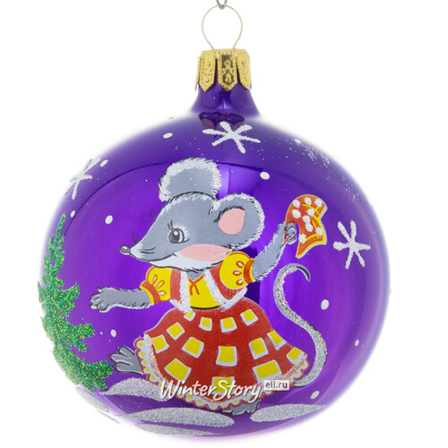 Стеклянный елочный шар Зодиак - Мышка Танцовщица 7 см фиолетовый Фабрика Елочка
