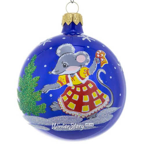 Стеклянный елочный шар Зодиак - Мышка Танцовщица 7 см синий Фабрика Елочка