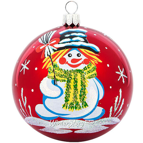 Стеклянный елочный шар Снеговик 8 см красный Фабрика Елочка