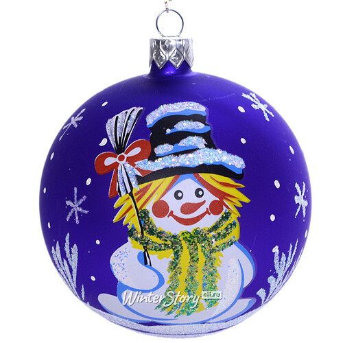 Стеклянный елочный шар Снеговик 8 см синий Фабрика Елочка