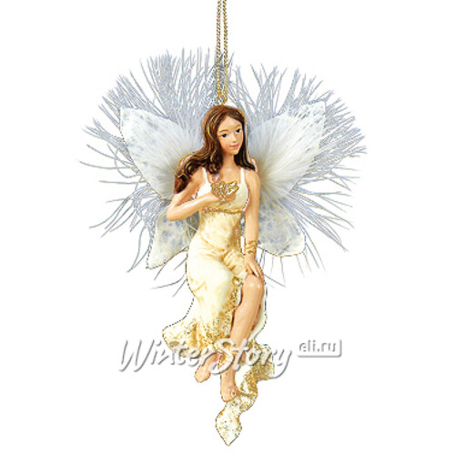 Елочное украшение Девушка Ангел в золотисто-мраморном платье брюнетка 10 см, подвеска Kurts Adler