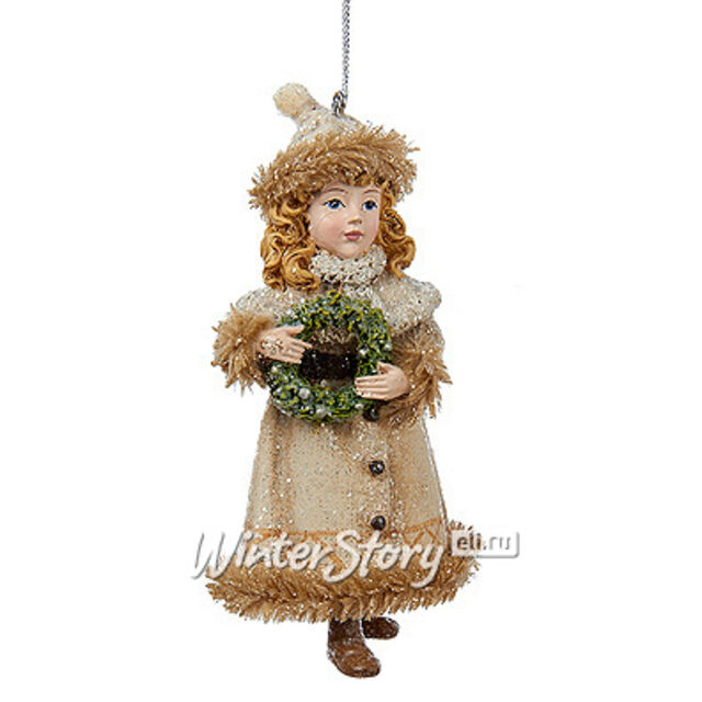 Елочное украшение Малышка в Бежевой шубке с веночком 13 см, подвеска Kurts Adler (Куртс Адлер)