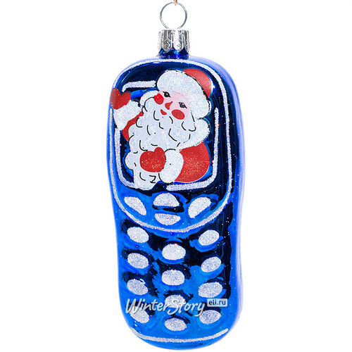 Стеклянная елочная игрушка Телефон 8 см синий, подвеска Фабрика Елочка