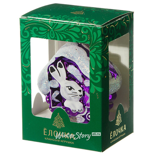 Стеклянная елочная игрушка Домик с Зайцем 7 см фиолетовый, подвеска Фабрика Елочка