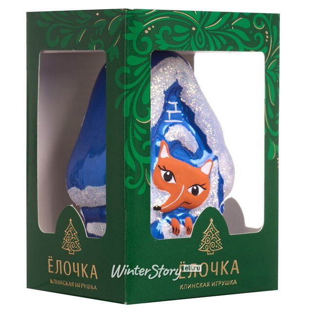 Стеклянная елочная игрушка Домик с Лисой 8.5 см синий, подвеска Фабрика Елочка