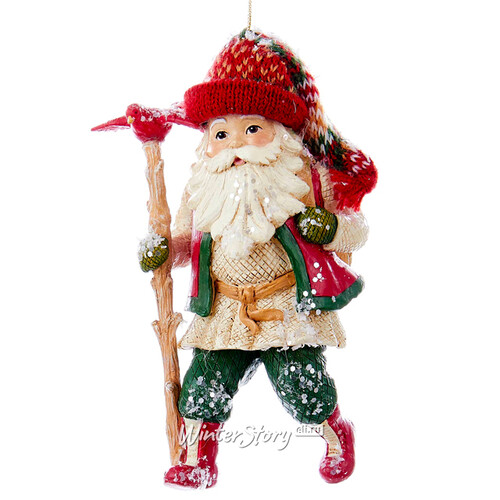 Елочная игрушка Санта - Лесник 13 см с красной птичкой и посохом, подвеска Kurts Adler
