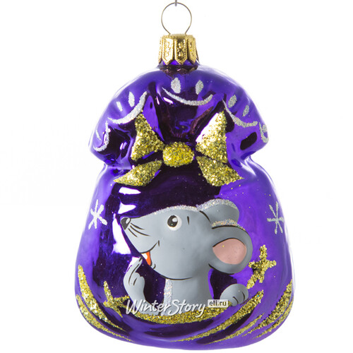 Стеклянная елочная игрушка Подарок - Мышь 8.5 см фиолетовый, подвеска Фабрика Елочка