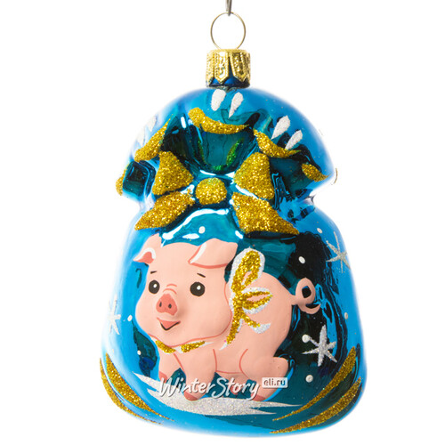 Стеклянная елочная игрушка Подарок - Свинья 8.5 см голубой, подвеска Фабрика Елочка