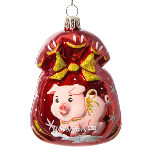 Стеклянная елочная игрушка Подарок - Свинья 8.5 см красный, подвеска Фабрика Елочка