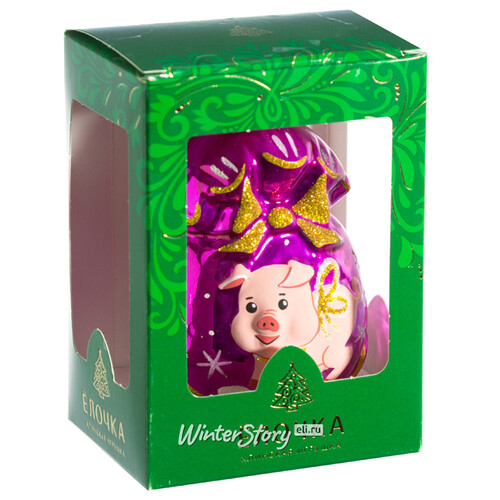 Стеклянная елочная игрушка Подарок - Свинья 8.5 см лиловый, подвеска Фабрика Елочка