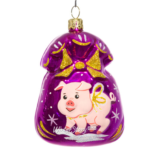 Стеклянная елочная игрушка Подарок - Свинья 8.5 см лиловый, подвеска Фабрика Елочка