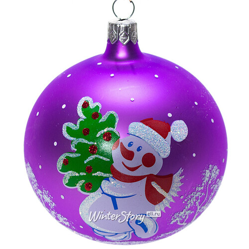 Стеклянный елочный шар Снеговик с Елкой 8 см фиолетовый Фабрика Елочка