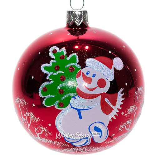 Стеклянный елочный шар Снеговик с Елкой 8 см красный Фабрика Елочка