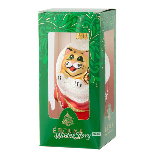 Стеклянная елочная игрушка Кот в рукавичке 8 см красная, подвеска Фабрика Елочка