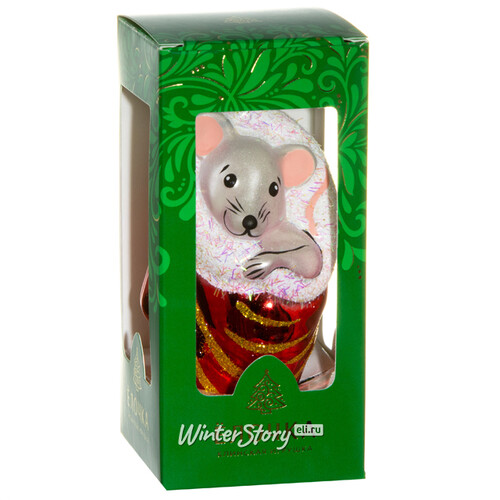 Стеклянная елочная игрушка Мышка в рукавичке 8 см красная, подвеска Фабрика Елочка
