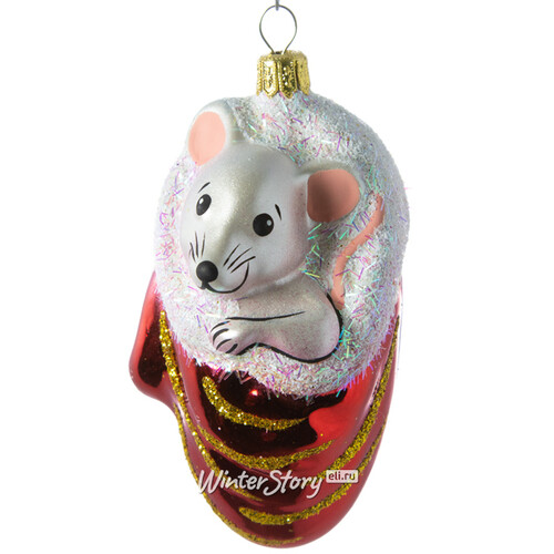 Стеклянная елочная игрушка Мышка в рукавичке 8 см красная, подвеска Фабрика Елочка