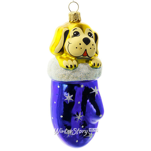 Стеклянная елочная игрушка Собачка в рукавичке 8 см синяя, подвеска Фабрика Елочка