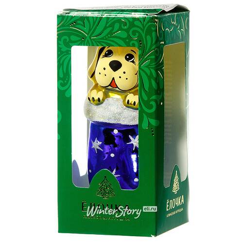 Стеклянная елочная игрушка Собачка в рукавичке 8 см синяя, подвеска Фабрика Елочка