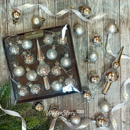 Набор пластиковых шаров с верхушкой для маленькой елки Блеск серебряный, 15 шт Koopman