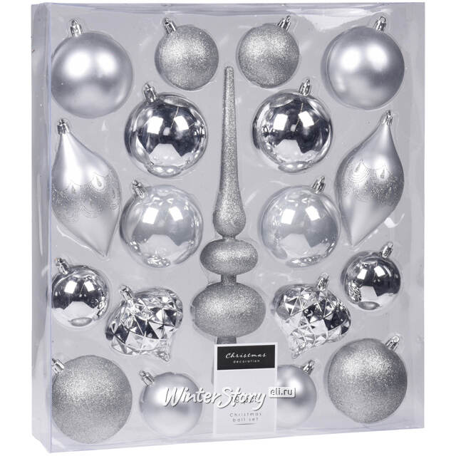 Набор пластиковых шаров с верхушкой Сен-Дени - Серебристая Капель, 19 шт Koopman