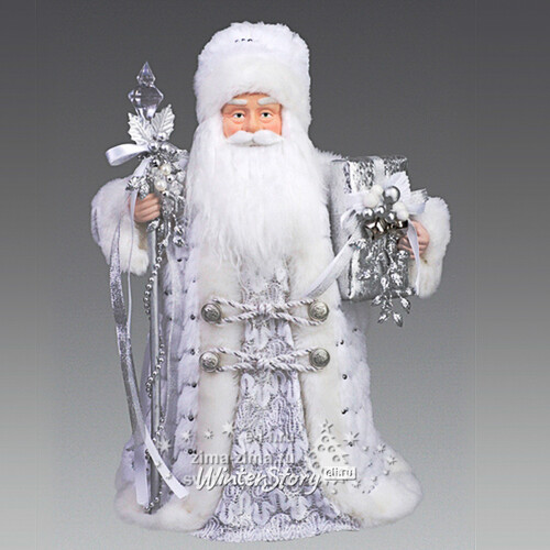 Дед Мороз в бело-серебряной шубе с посохом и подарком, 40 см Holiday Classics