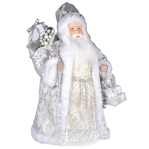 Дед Мороз в белой шубе с серебряными узорами и с подарками 46 см Holiday Classics