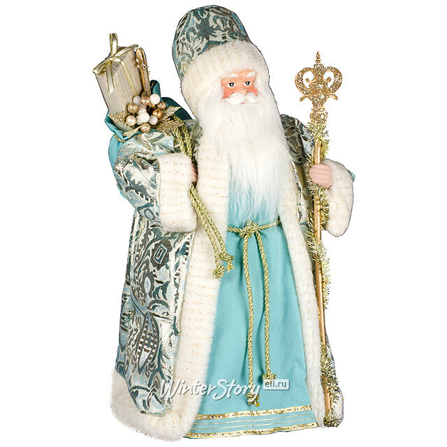 Дед Мороз с посохом и подарками Бирюзовая парча 46 см Holiday Classics