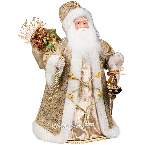 Дед Мороз в золотой шубе с янтарной подвеской и мешком подарков 40 см Holiday Classics
