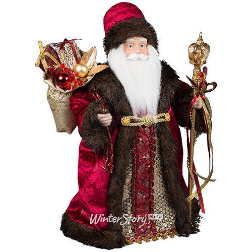 Дед Мороз в бордовой шубе с посохом и золотым мешком подарков 40 см Holiday Classics