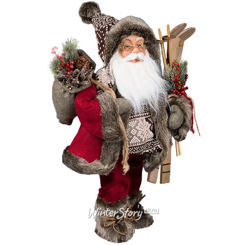 Санта в красно-коричневой шубе и меховых унтах с лыжами 45 см Holiday Classics