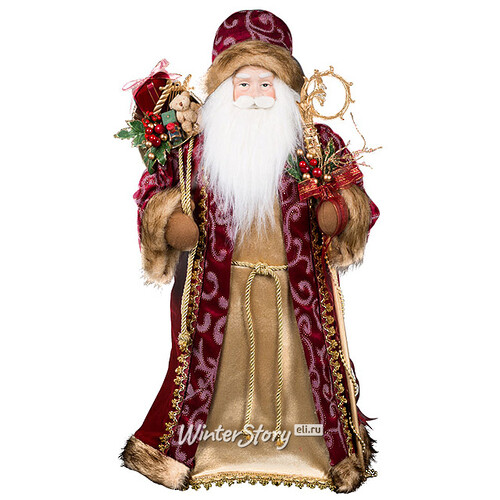 Дед Мороз в бежево-бордовой шубе с посохом и мешком подарков 61 см Holiday Classics