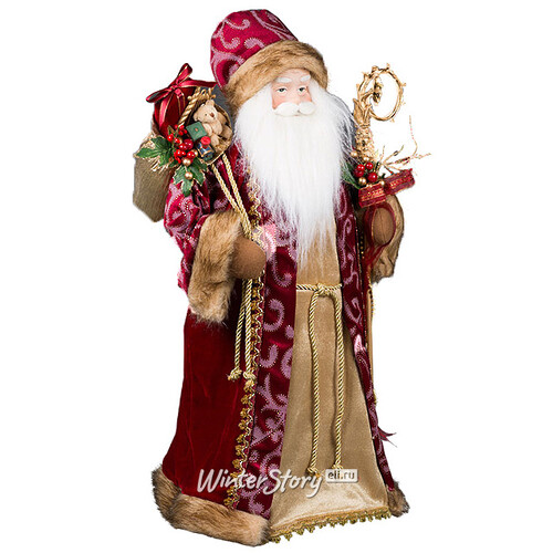 Дед Мороз в бежево-бордовой шубе с посохом и мешком подарков 61 см Holiday Classics