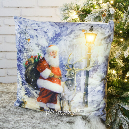 Новогодняя подушка с лампочками Father Christmas 45*45 см, на батарейках Peha