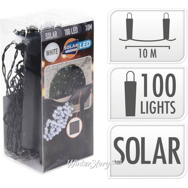 Гирлянда на солнечной батарее Solar Greeting 10 м, 100 холодных белых LED, зеленый ПВХ, IP44 Koopman