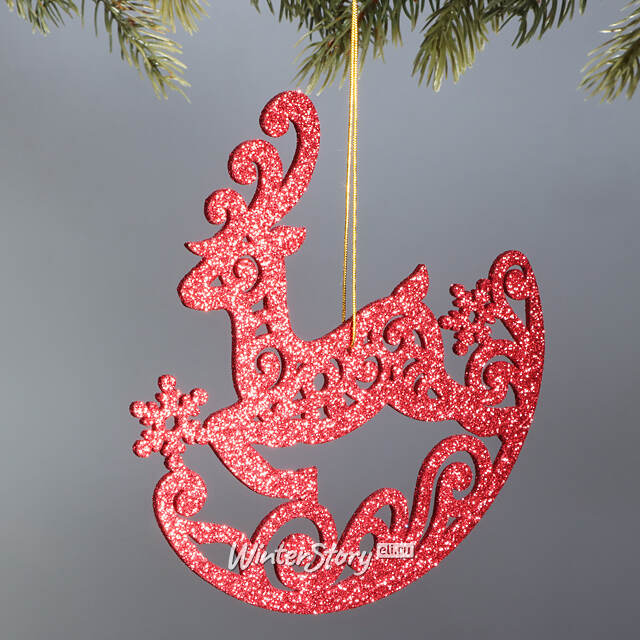 Деревянная елочная игрушка Олень Ажурный 15 см красный МанузинЪ