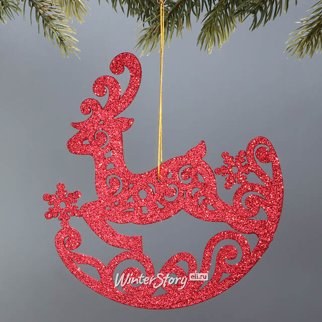 Деревянная елочная игрушка Олень Ажурный 15 см красный МанузинЪ