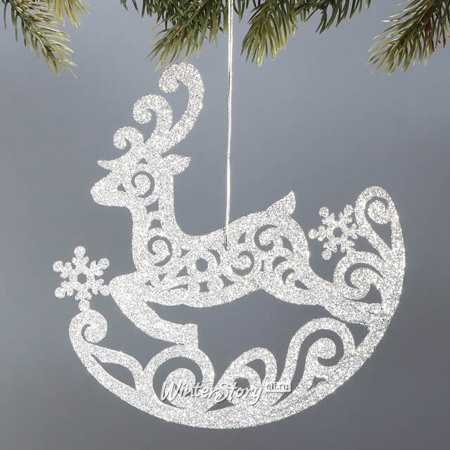 Деревянная елочная игрушка Олень Ажурный 15 см серебряный МанузинЪ