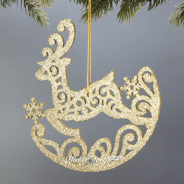 Деревянная елочная игрушка Олень Ажурный 15 см золотой МанузинЪ