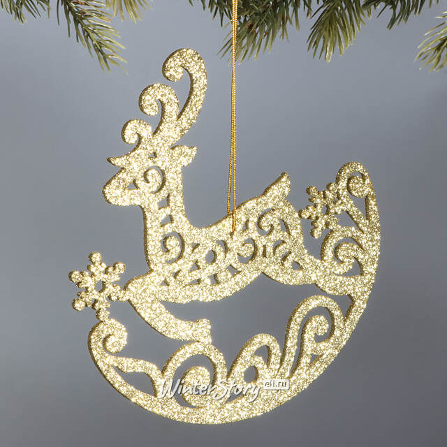 Деревянная елочная игрушка Олень Ажурный 15 см золотой МанузинЪ