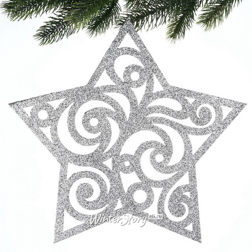 Игрушка для уличной елки Звезда - Зимние узоры 30 см серебряная, дерево МанузинЪ