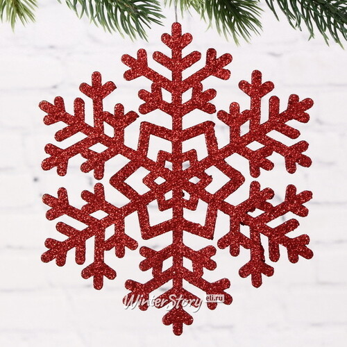 Деревянная елочная игрушка Снежинка - Морозная Геометрия 15 см красная Winter Deco