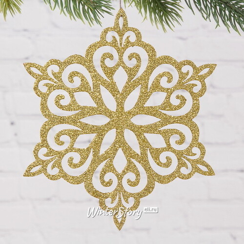 Деревянная елочная игрушка Снежинка - Зимний Цветок 15 см золотая Winter Deco