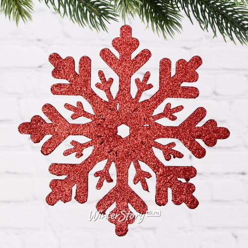 Деревянная елочная игрушка Снежинка - Снежная Корона 15 см красная Winter Deco