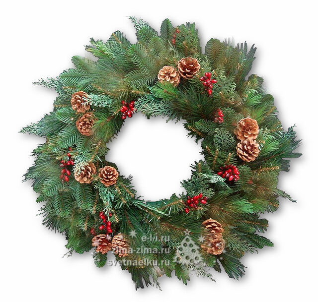 Венок украшенный Новогодний 76 см с ягодами и шишками, ЛИТАЯ + ЛЕСКА + ПВХ National Tree Company (Нейшнл Три Компани)
