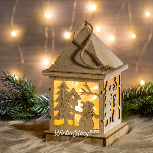 Светящееся украшение Домик-Фонарик со снеговиком 17 см с теплыми белыми LED лампами на батарейках Koopman
