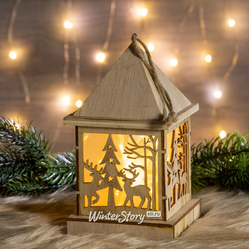 Светящееся украшение Домик-Фонарик с оленями 17 см с теплыми белыми LED лампами на батарейках Koopman
